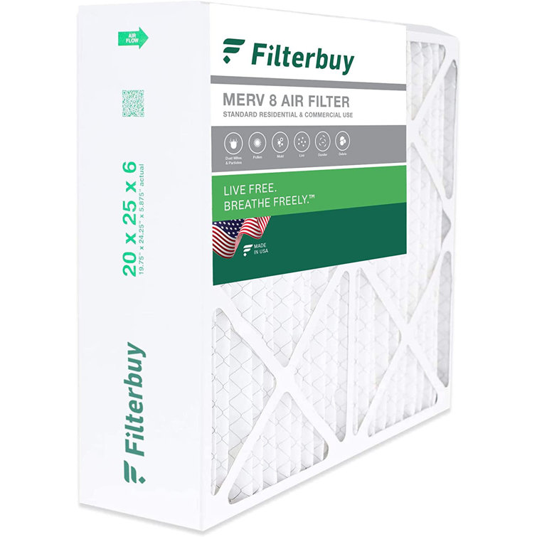 Filterbuy 20 x 25 x 6 Air Filter MERV 8, Pleated HVAC AC Furnace
